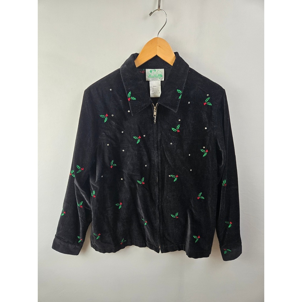 The Quacker Factory Holiday Full Zip Red Black Velour Festive Jacket Womens Sz